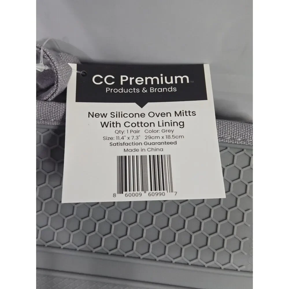 CC Premium Silicone Oven Mitts Grey Heat Resistant Non-Slip w/ Cotton Lining Pai